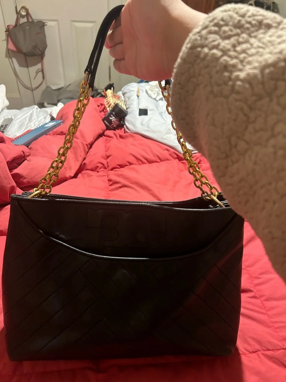 Tory Burch Black Quilted Leather Laptop Bag with Embossed Logo